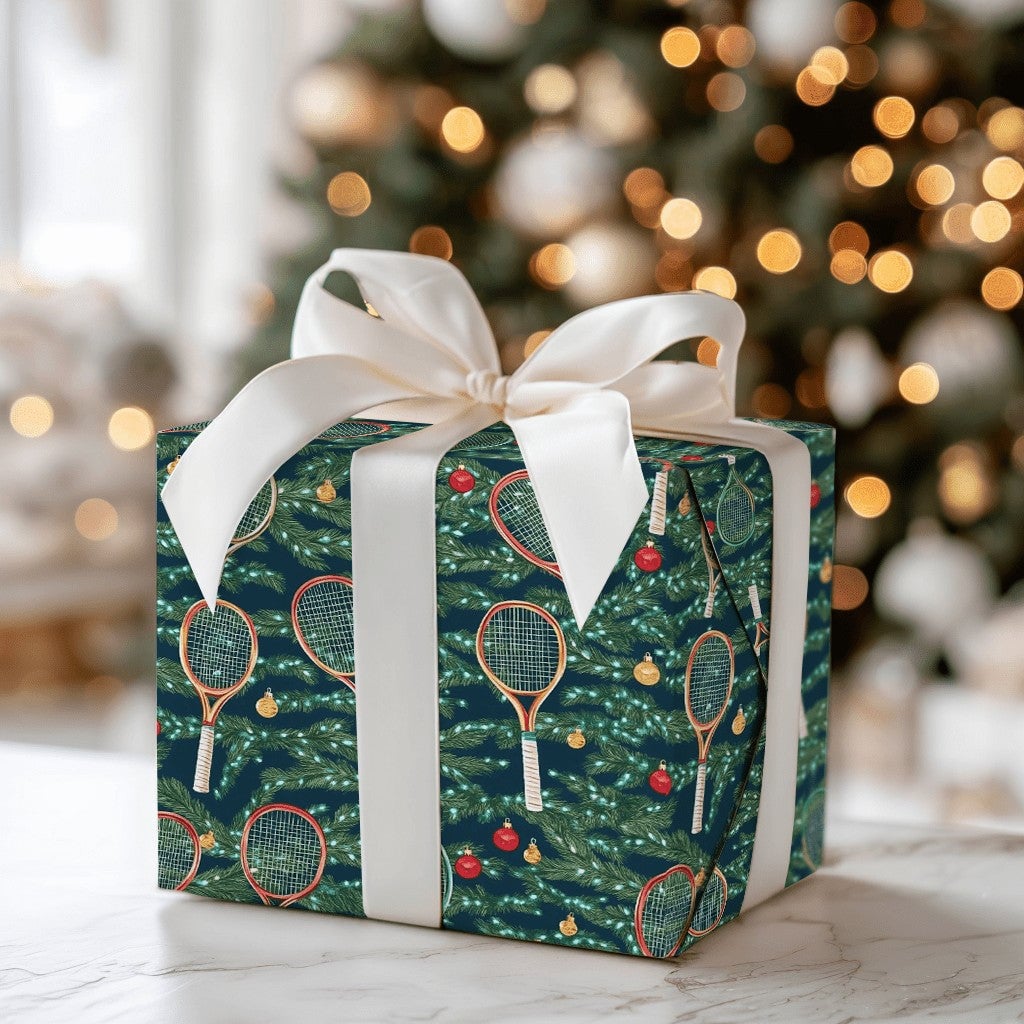 Racket and Ornament Gift Wrap, Tennis Christmas Wrapping Paper, Festive Sports Holiday Wrapping Paper, Tennis Player Xmas Gif