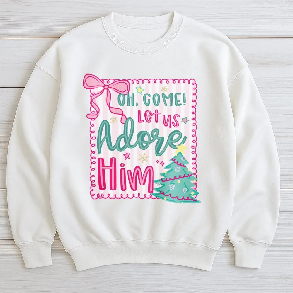 Pink Coquette Christmas Crewneck, Oh Come Let Us Adore Him Sweatshirt, Nativity Christian Holiday Sweater, Girly Xmas Bow Pul