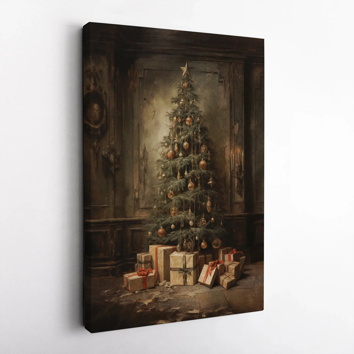 Old World Christmas Canvas Art, Vintage Christmas Tree Wall Art Digital Download, Rustic Holiday Tree Painting, Printable Chr