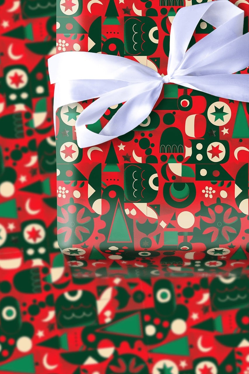 Modern Folk Art Gift Wrap, Geometric Christmas Wrapping Paper, Abstract Tree and Star Wrapping Paper, Red Scandinavian Xmas G