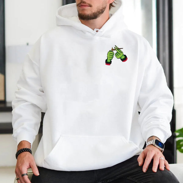 Humorous Stoner Christmas Graphic Hoodie, Green Monster Hands Hoodie, Spooky Holiday Pullover Hoodie, Retro Weed Streetwear H