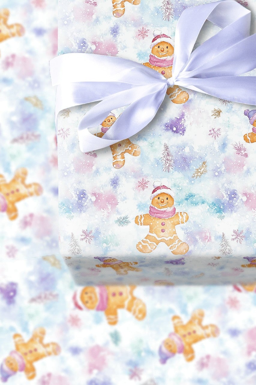 Pastel Winter Holiday Gift Wrap, Watercolor Gingerbread Man Wrapping Paper, Whimsical Christmas Wrapping Paper, Snowy Forest 