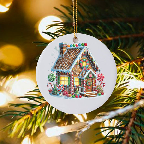 Candy Cane Holiday Ornament, Gingerbread House Christmas Ornament, Ceramic Xmas Tree Ornament, Round Sweet Treats Keepsake, S