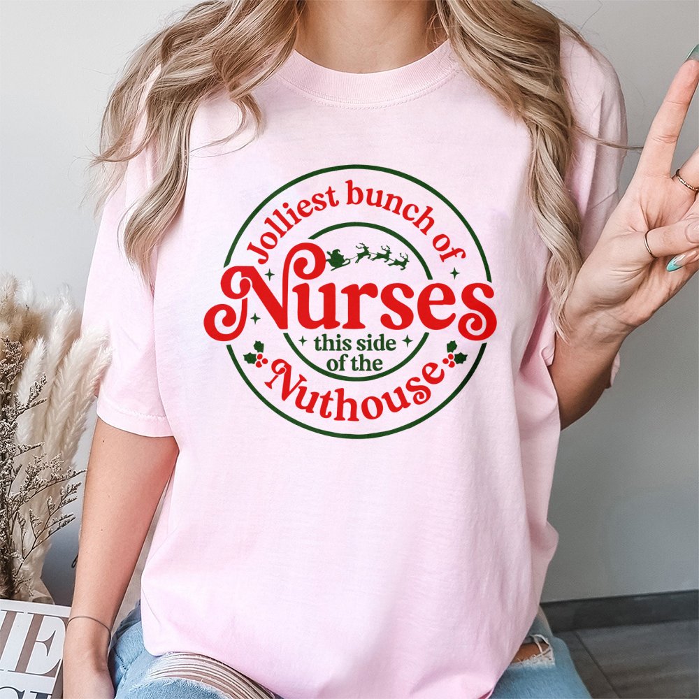 Humorous Christmas Nurse Graphic Tee, Jolliest Bunch of Nurses T-Shirt, Holiday Nursing Shirt, Adorable RN LPN CNA Xmas Tee, 