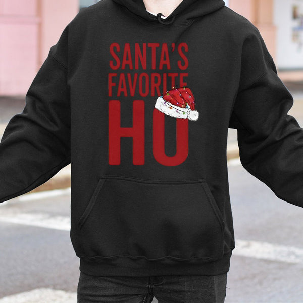 Humorous Christmas Holiday Sweatshirt, Santas Favorite Ho Hoodie, Santa Claus Graphic Hooded Sweater, Naughty Xmas Party Hood