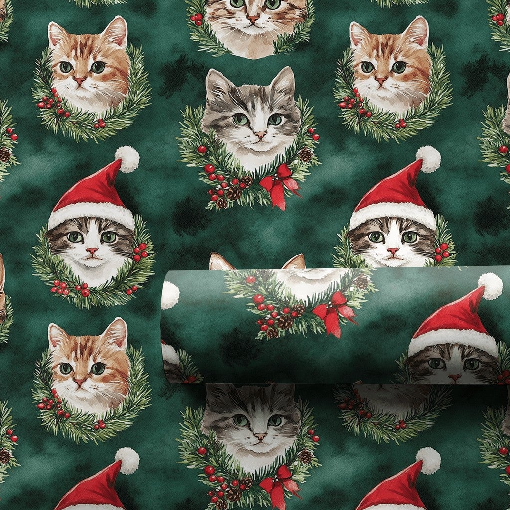 Santa Hat Kitten Gift Wrap, Christmas Cat Wrapping Paper, Holiday Wreath Cat Wrapping Paper, Festive Green Holiday Pet Lover 