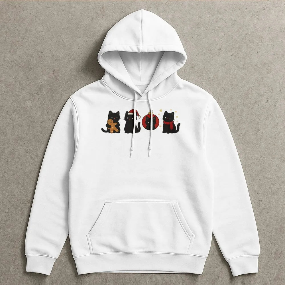 Adorable Holiday Kitten Sweatshirt, Black Cat Christmas Hoodie, Festive Cat Lover Pullover, Spooky Adorable Winter Hooded Swe