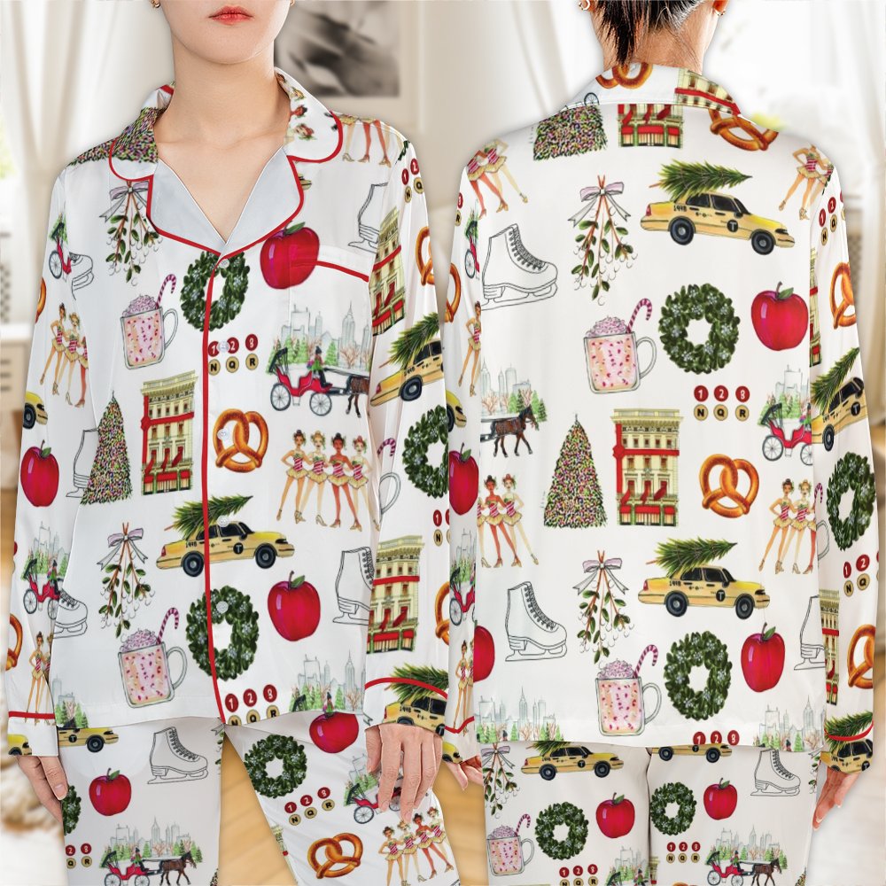 Festive NYC Holiday Pajamas, New York Christmas Satin Pajama Set, Silky Button Up Sleepwear, Winter City Graphic Lounge Set