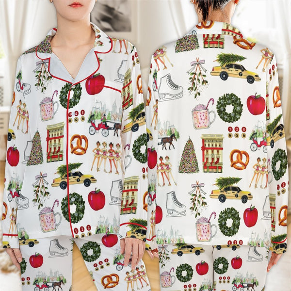 Festive NYC Holiday Pajamas, New York Christmas Satin Pajama Set, Silky Button Up Sleepwear, Winter City Graphic Lounge Set