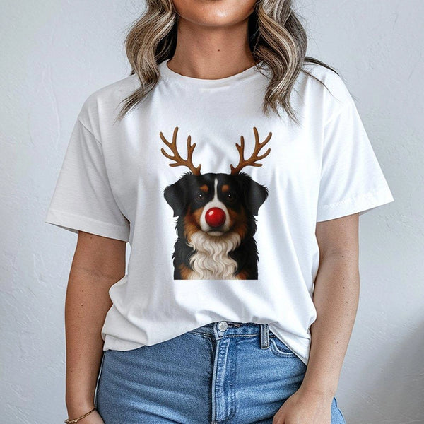 Reindeer Antlers Dog T-Shirt, Bernese Mountain Dog Christmas T-Shirt, Adorable Holiday Pup T-Shirt, Xmas Dog Lover Graphic Te