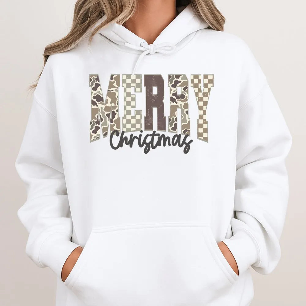 Trendy Camouflage Checkered Hoodie, Merry Christmas Camo Hoodie, Comfy Holiday Graphic Sweatshirt, Winter Festive Pullover Ca