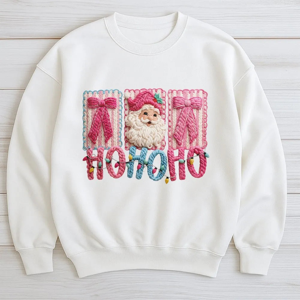 Faux Yarn Crochet Effect Crewneck, Santa Claus Christmas Sweatshirt, Retro Holiday Graphic Sweater, Comfy Winter Xmas Apparel