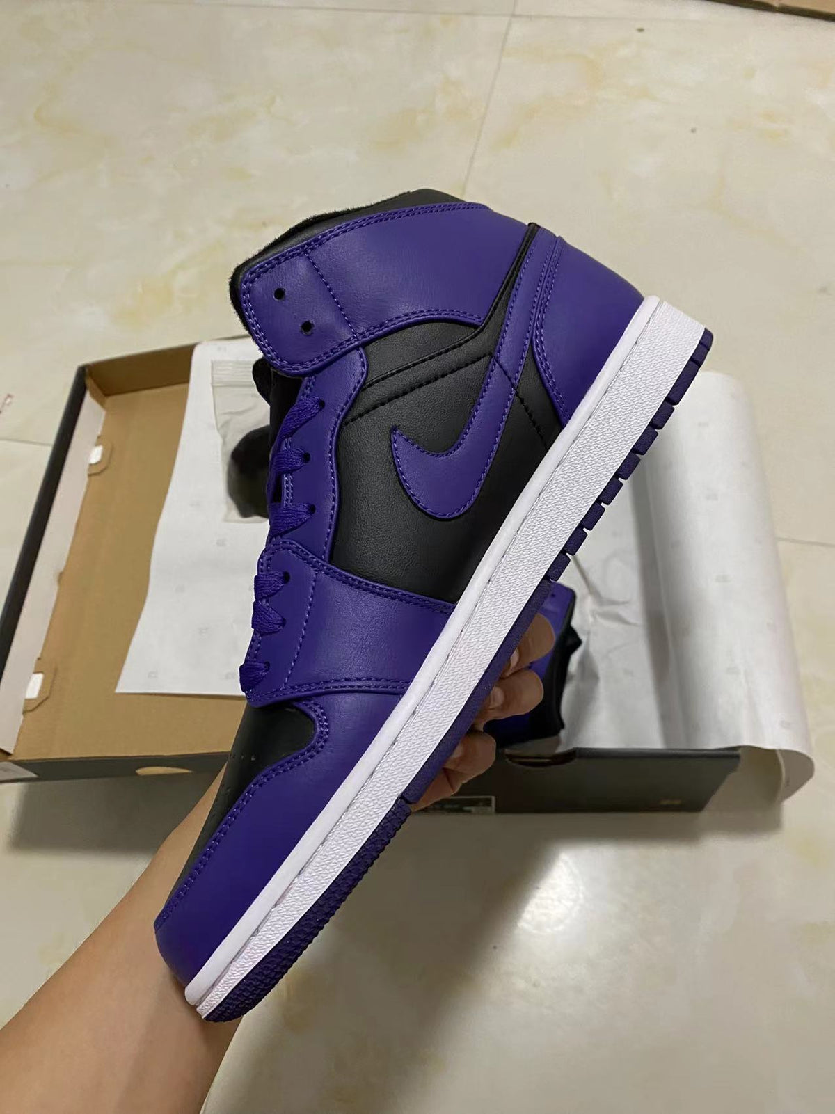 Mid Top Sneakers, Black Purple Colorway, Lace Up Design, Casual Gift for Sneaker Fans