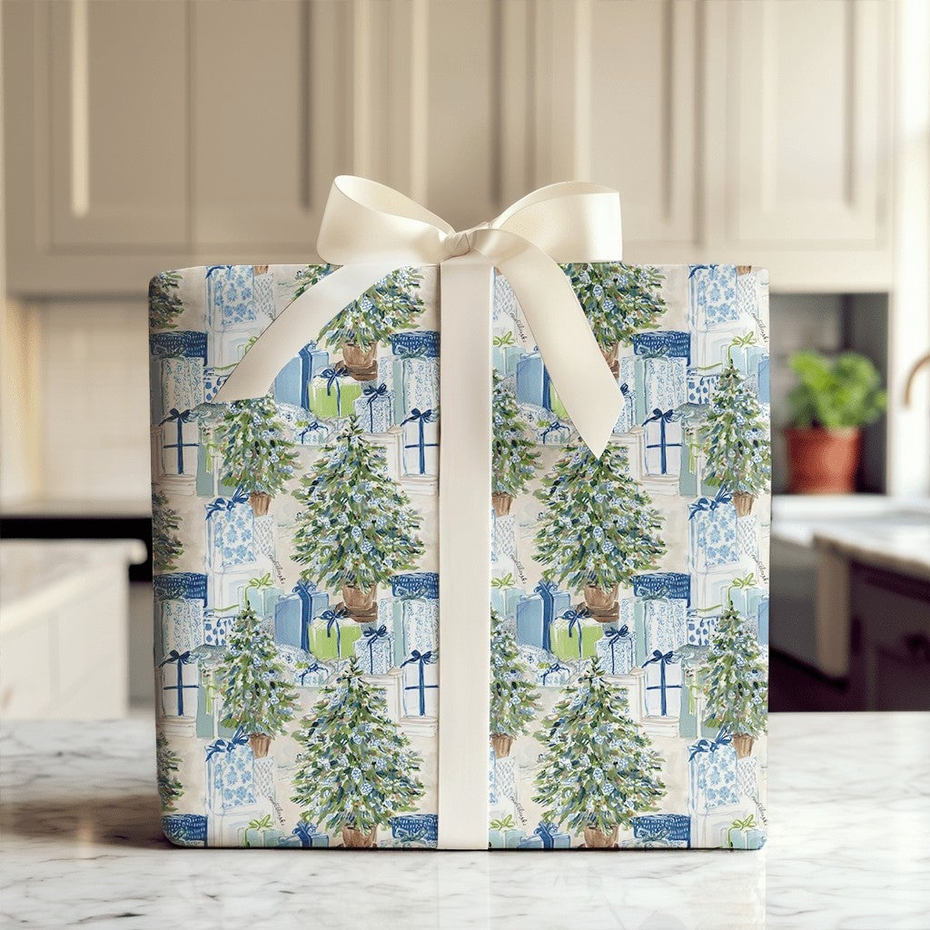 Watercolor Tree Gift Wrap, Chinoiserie Christmas Wrapping Paper, Preppy Blue Holiday Wrapping Paper, Elegant Winter Xmas Wrap