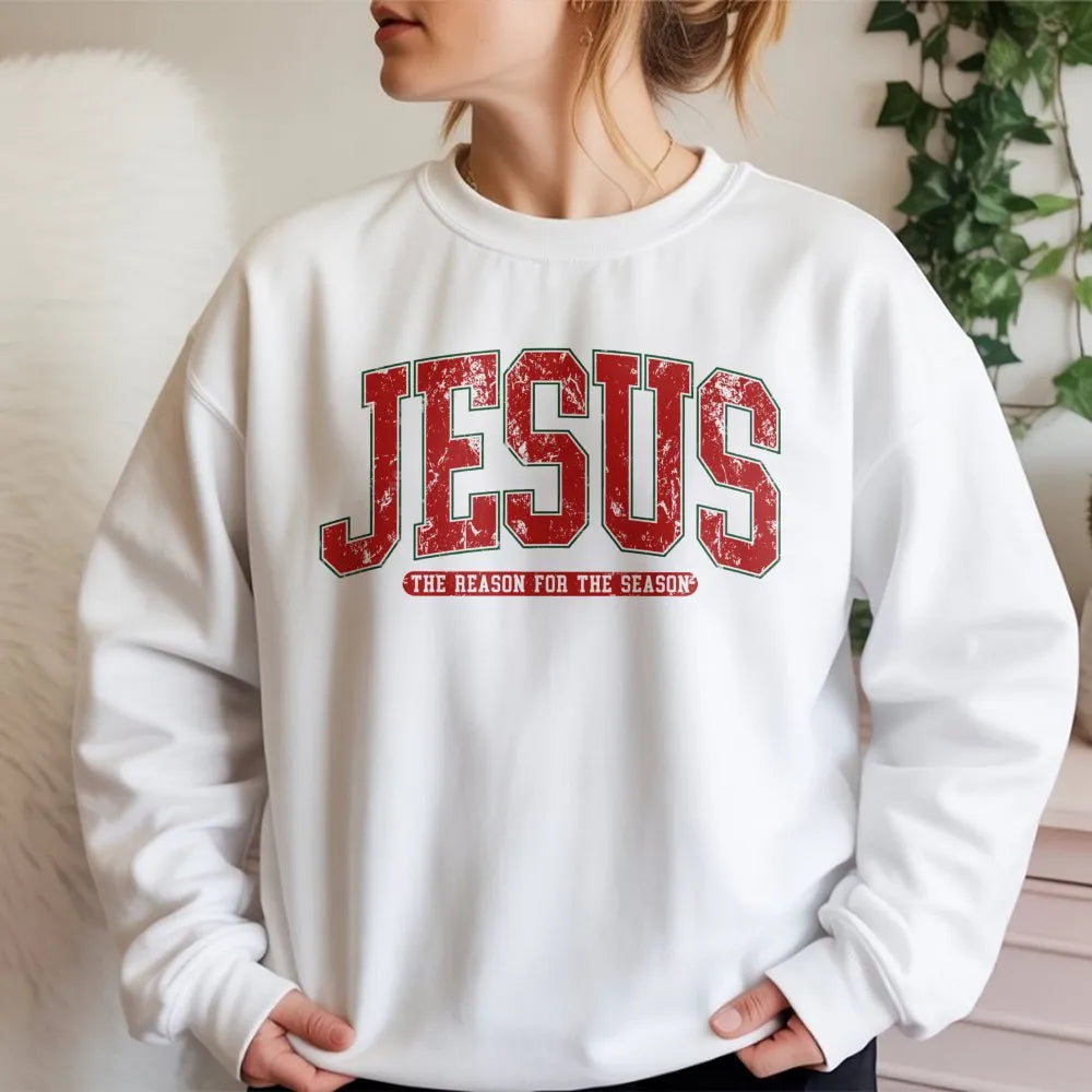 Christian Christmas Crewneck, Jesus Is the Reason for the Season Sweatshirt, Distressed Varsity Holiday Sweater, Faith Winter