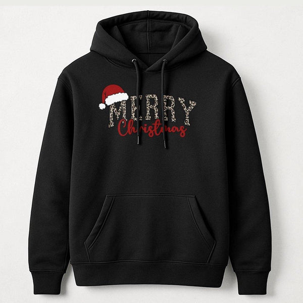 Leopard Santa Hat Christmas Hoodie, Merry Christmas Hoodie, Festive Holiday Hooded Sweatshirt, Leopard Print Xmas Hoodie, Pre