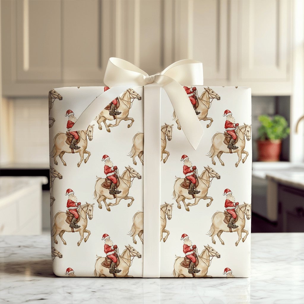 Santa Riding Horse Gift Wrap, Equestrian Christmas Wrapping Paper, Watercolor Holiday Wrapping Paper