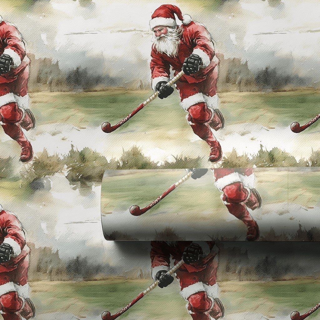 Ice Skating Santa Holiday Gift Wrap, Hockey Santa Christmas Wrapping Paper, Sports Christmas Wrapping Paper, Ice Hockey Playe
