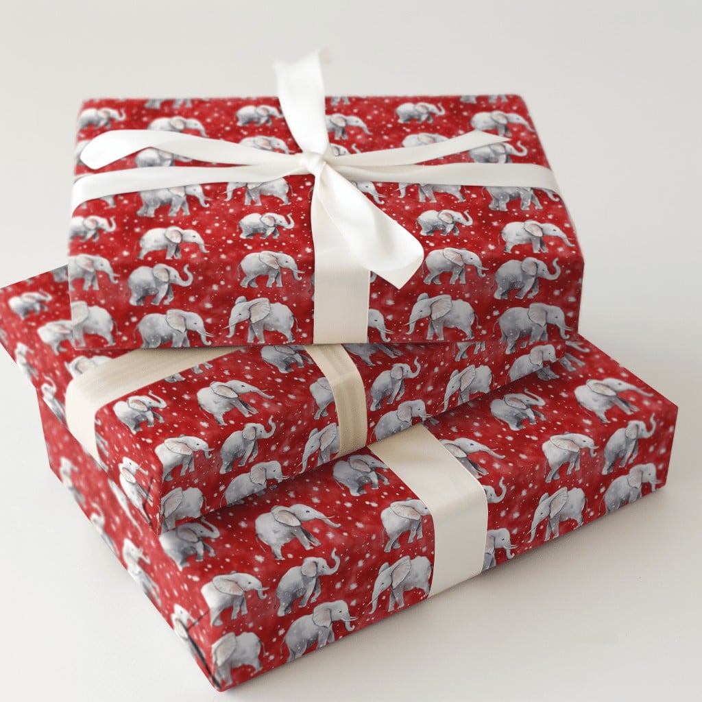 Red Snowy Holiday Gift Wrap, Watercolor Elephant Christmas Wrapping Paper, Adorable Winter Animal Wrapping Paper, Festive Hol