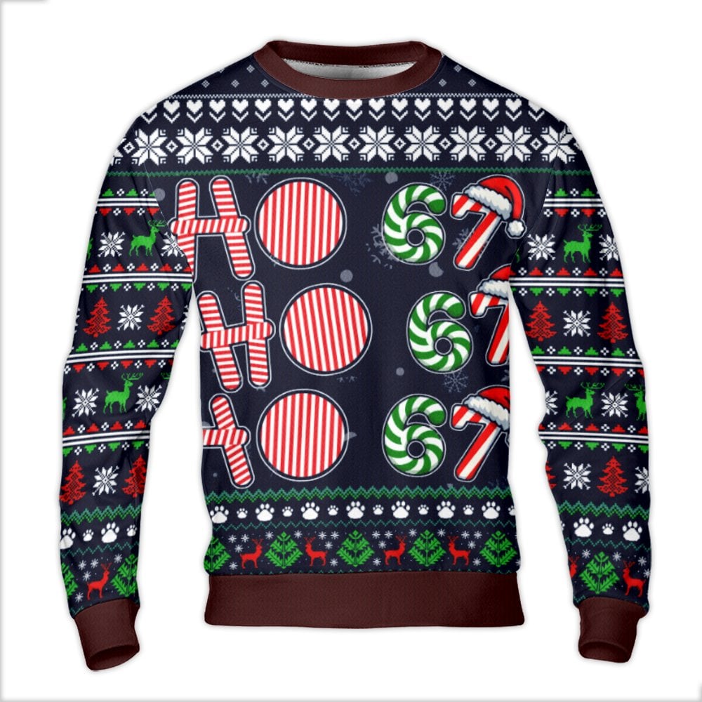 Candy Cane Santa Hat Graphic Sweatshirt, Ho Ho 67 Ugly Christmas Sweater, Humorous Xmas Party Holiday Fleece Crewneck Top
