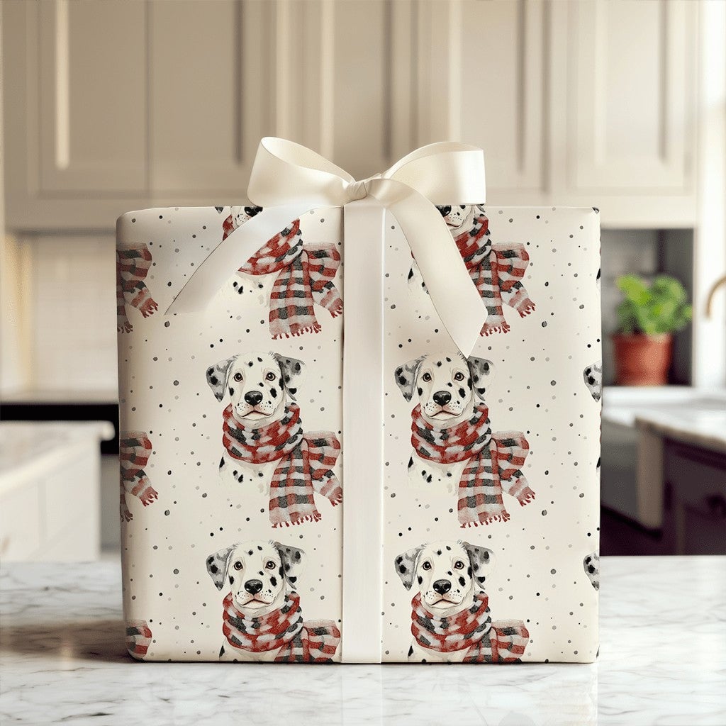 Plaid Scarf Puppy Gift Wrap, Dalmatian Dog Wrapping Paper, Watercolor Dog Wrapping Paper, Adorable Holiday Gift Wrap, Christm