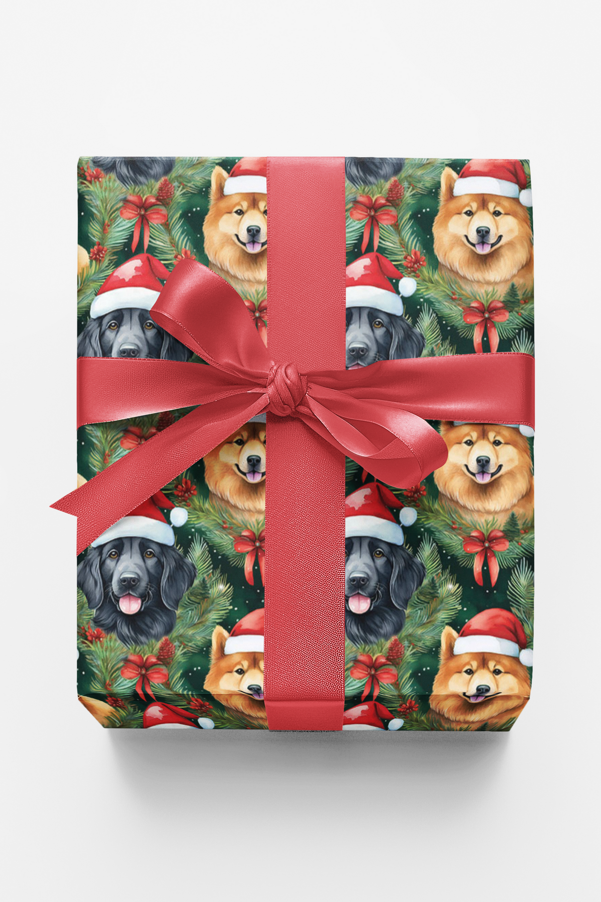 Christmas Dog Wreath Gift Wrap, Flat-Coated Retriever and Shiba Inu Wrapping Paper, Adorable Puppy Holiday Wrapping Paper, Pe