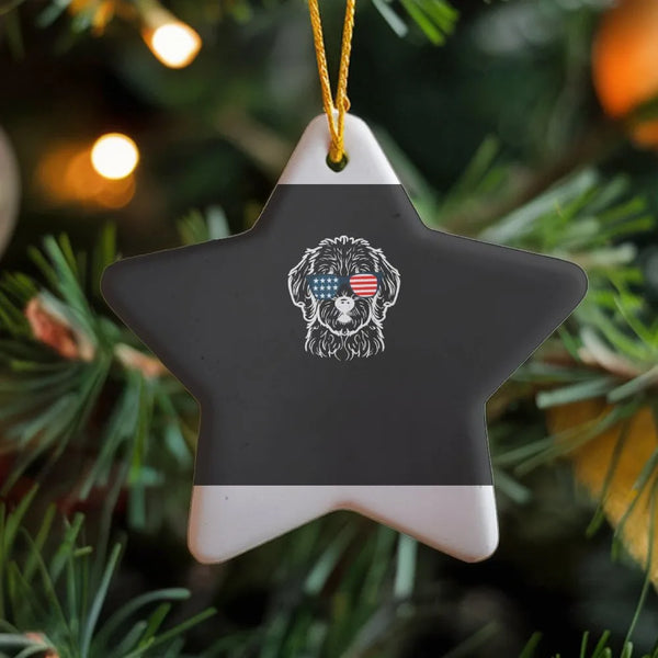 American Flag Sunglasses Doodle Ceramic Keepsake, Patriotic Goldendoodle Star Christmas Ornament, Dog Mom Holiday Tree Orname