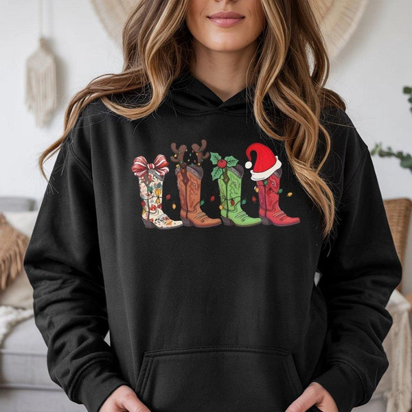 Cowboy Boot Holiday Hoodie, Western Christmas Hoodie, Cowgirl Winter Hooded Sweatshirt, Country Xmas Pullover Hoodie, Rodeo H
