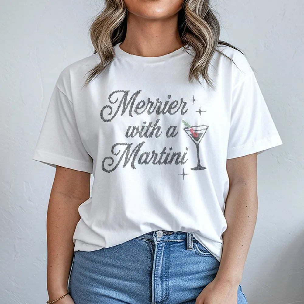 Retro Christmas Cocktail Graphic Tee, Merrier with a Martini Shirt, Humorous Holiday Drinking T-Shirt, Vintage Xmas Party Gra
