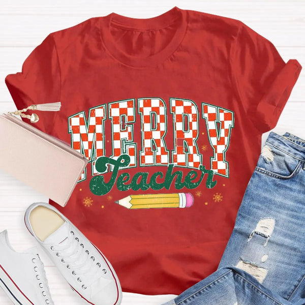 Holiday Educator Graphic Tee, Plaid Pencil Merry Teacher Christmas T-Shirt, Adorable Winter School Teacher Shirt, Christmas T