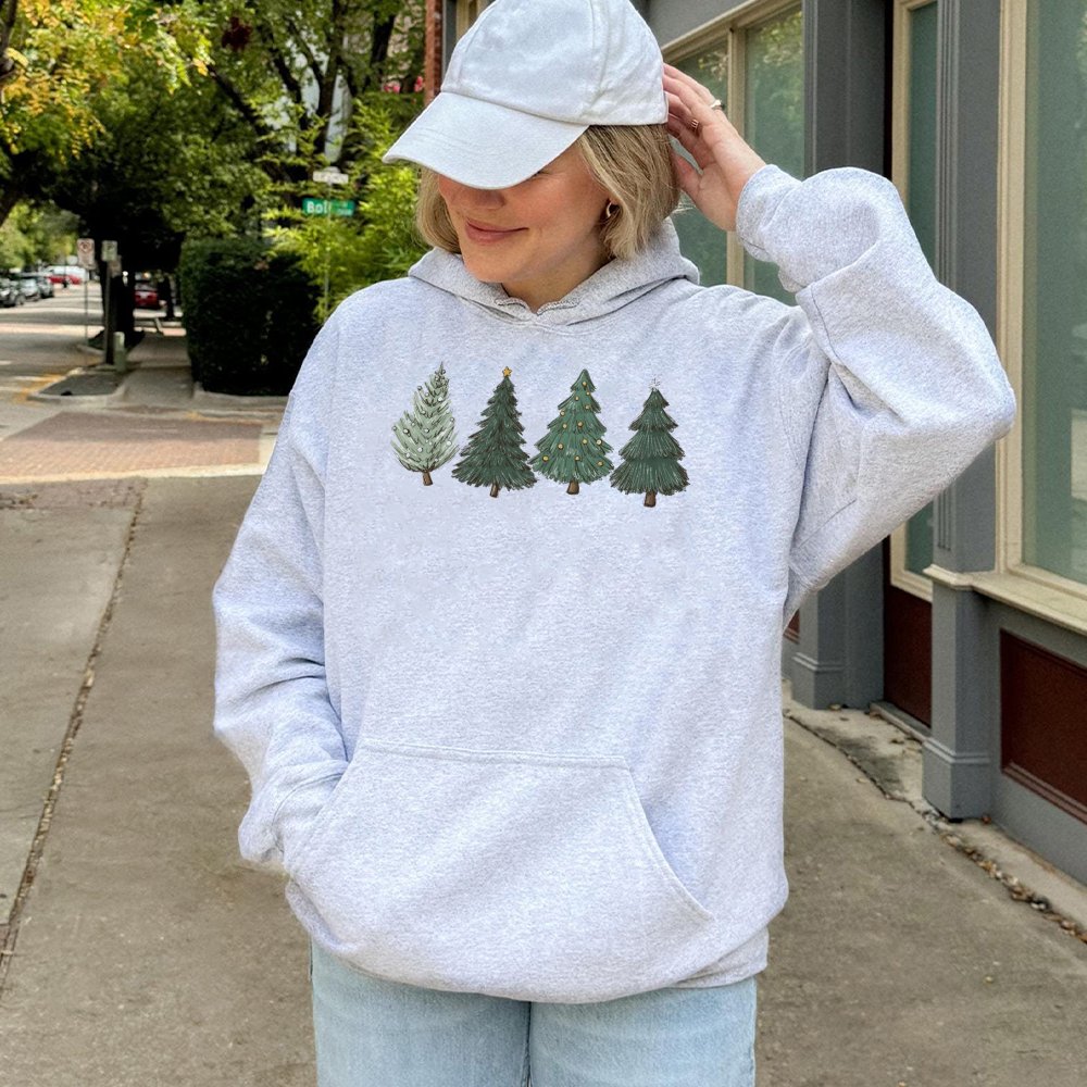 Minimalist Pine Trees Holiday Sweatshirt, Christmas Tree Hoodie, Festive Winter Hooded Pullover, Adorable Christmas Hoodie Pr