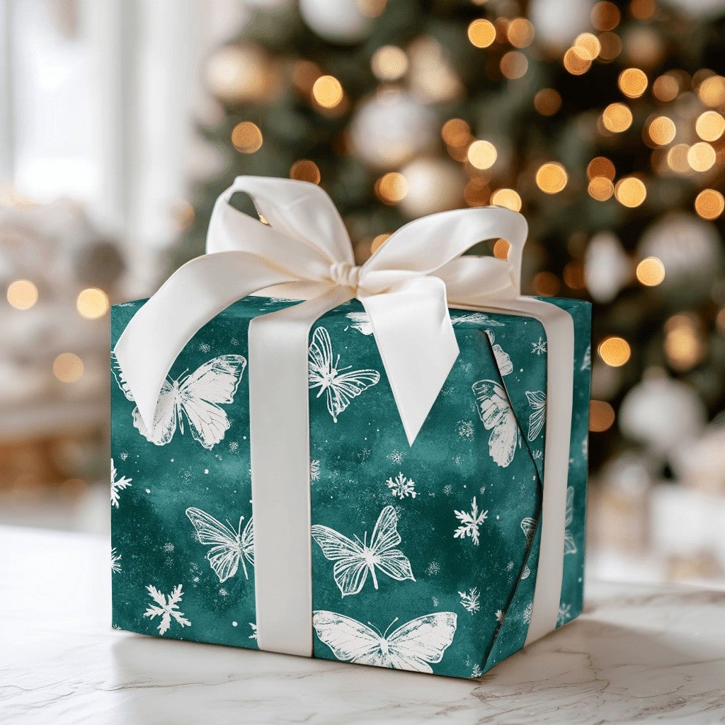 Teal Snowflake Gift Wrap, Winter Butterfly Wrapping Paper, Elegant Nature Holiday Wrapping Paper, Christmas and Birthday Pres