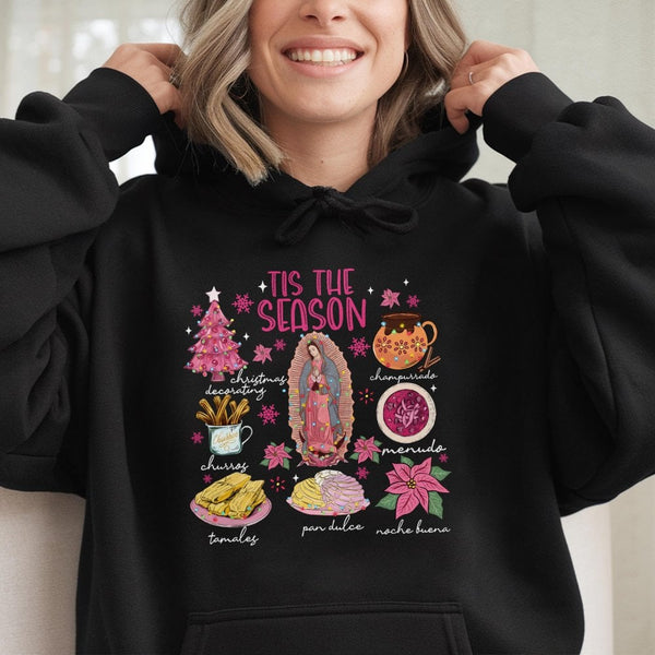 Tis the Season Tamales Conchas Food Hooded Sweatshirt, Mexican Christmas Hoodie, Latino Heritage Holiday Hoodie, Festive Wint