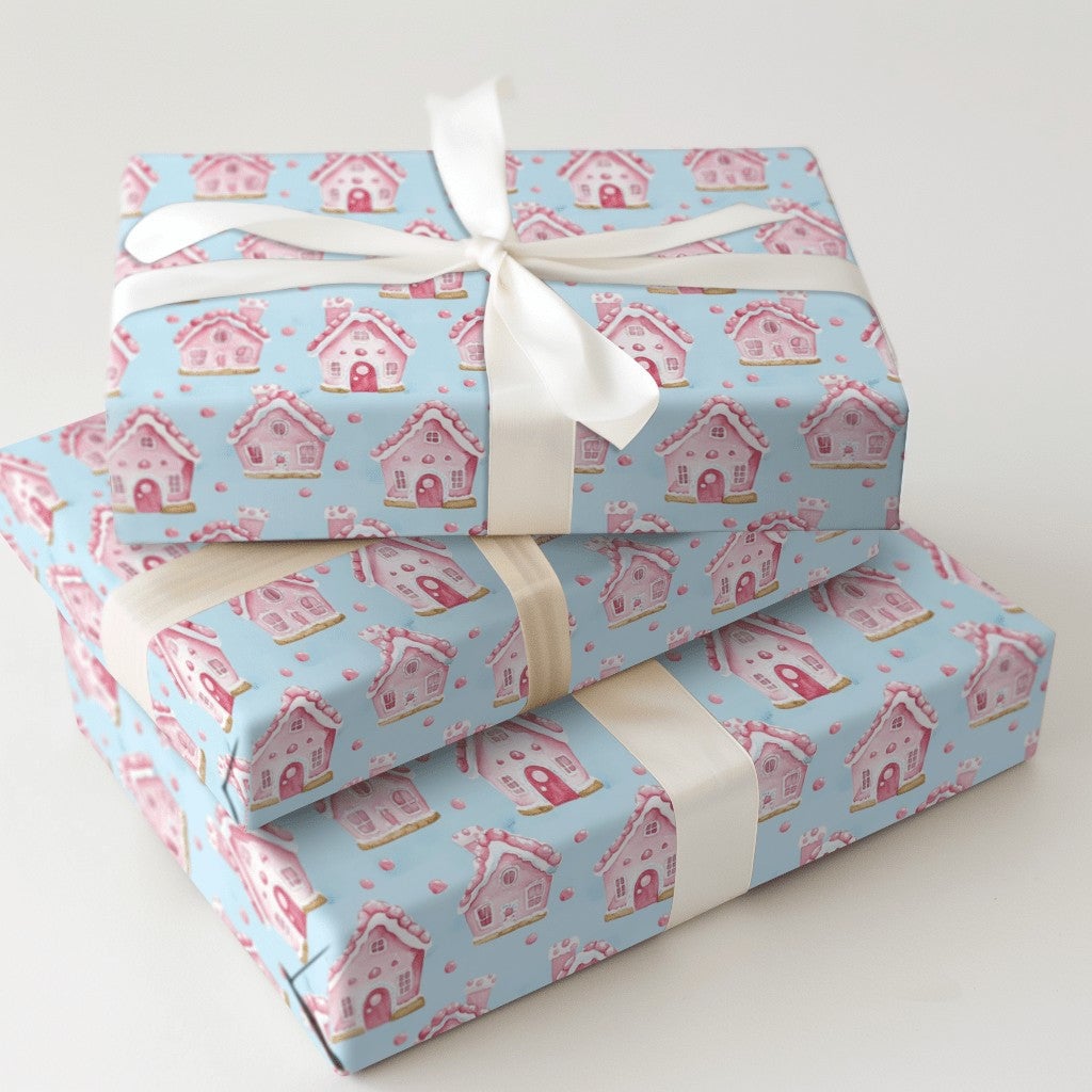 Pastel Christmas Wrapping Paper, Pink Gingerbread House Wrapping Paper, Watercolor Holiday Gift Wrap, Adorable Winter Present