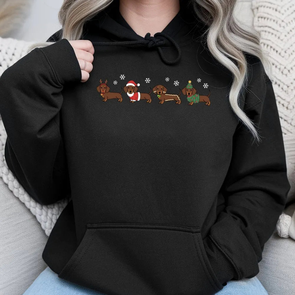 Festive Wiener Dog Hoodie, Christmas Dachshund Hoodie, Adorable Dachshund Christmas Sweatshirt, Dog Lover Holiday Pullover, X