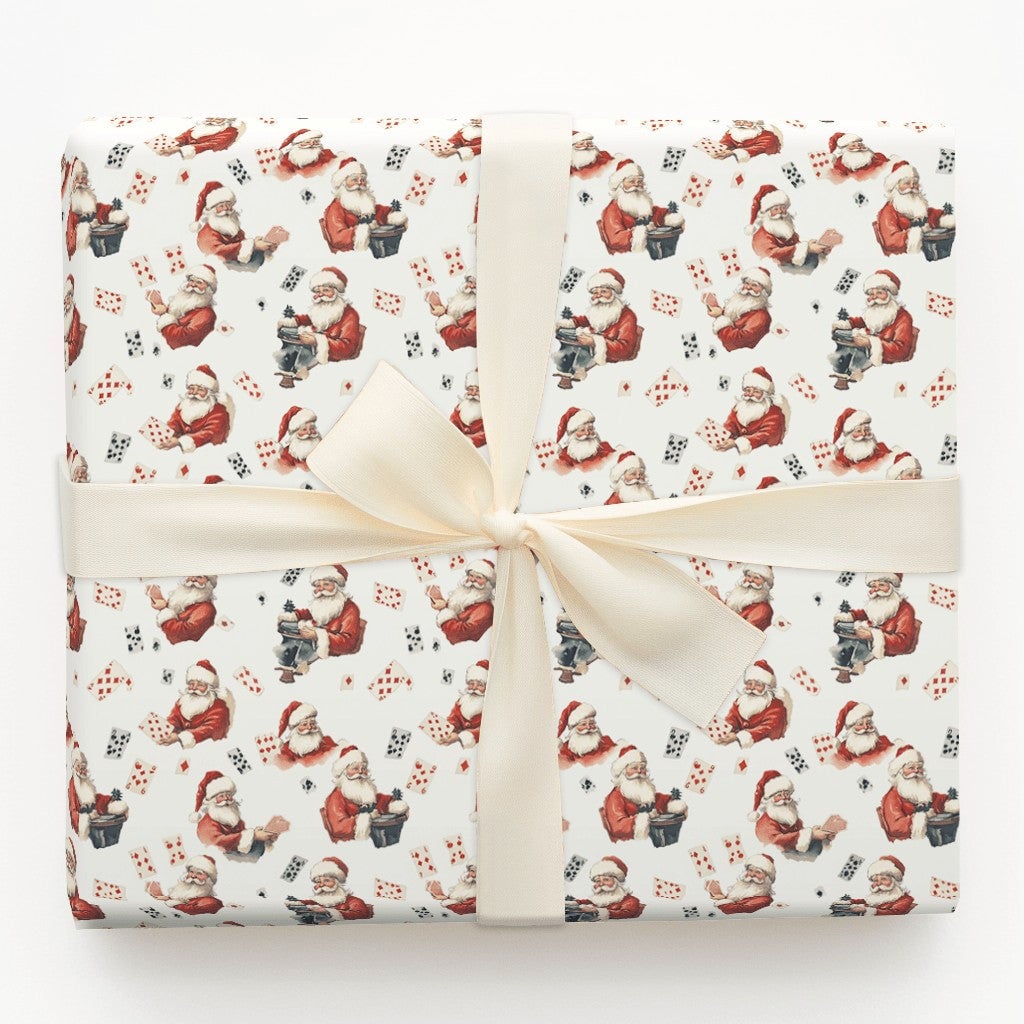 Whimsical Magic Trick Gift Wrap, Vintage Santa Playing Cards Wrapping Paper, Retro Christmas Paper, Holiday Present Wrap