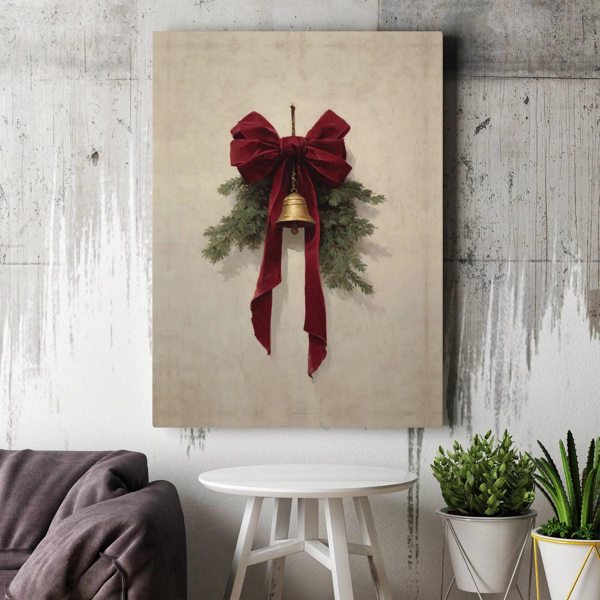 Rustic Red Velvet Bow Canvas Print, Christmas Jingle Bell Wall Art, Pine Branch Holiday Canvas Decor, Winter Farmhouse Season