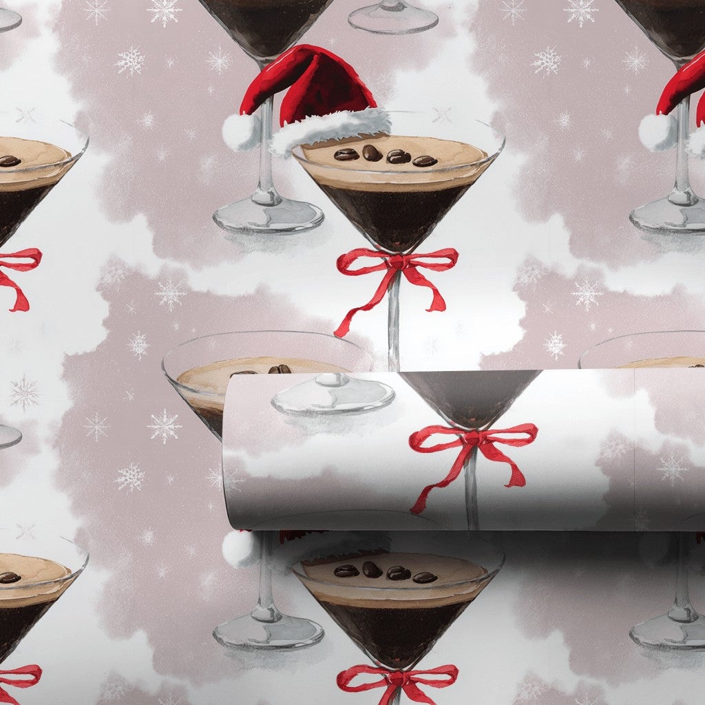 Santa Hat Cocktail Gift Wrap, Espresso Martini Christmas Wrapping Paper, Purple Holiday Drinks Wrapping Paper, Festive Party 