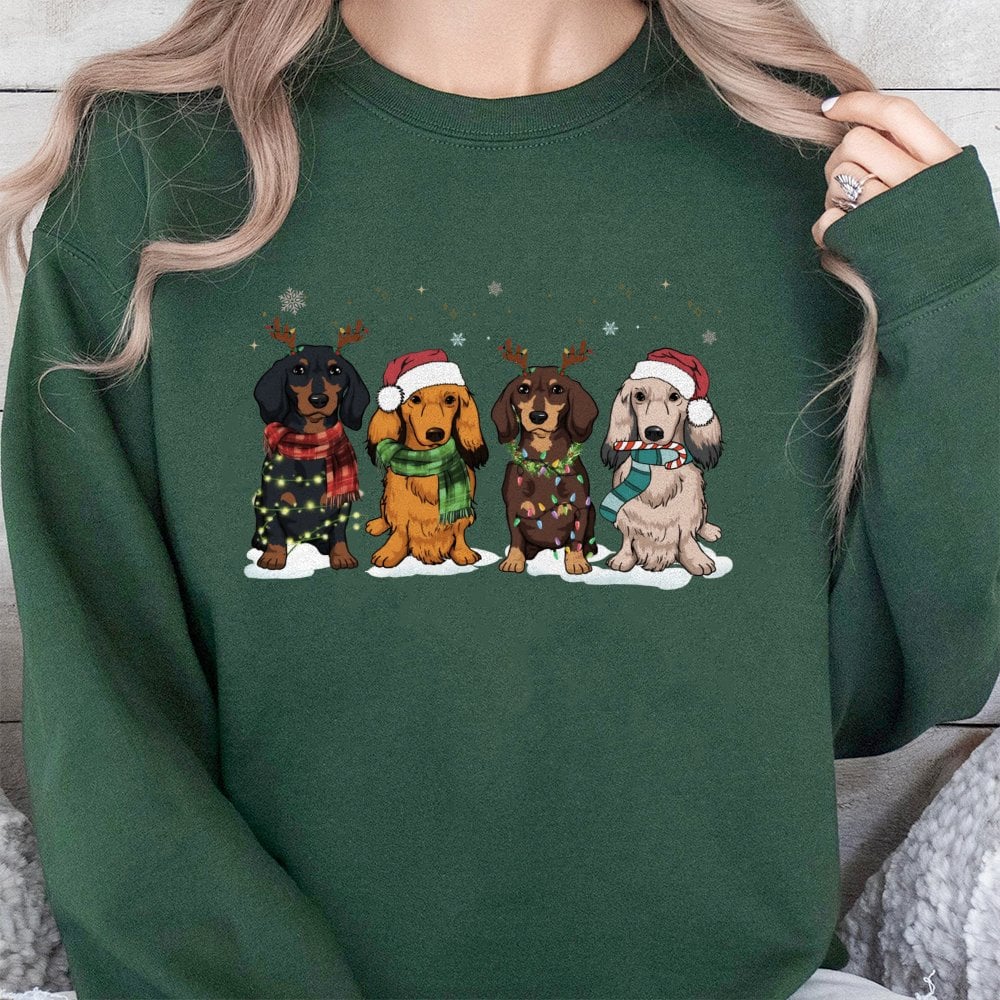 Adorable Festive Dog Holiday Sweater, Dachshund Christmas Sweatshirt, Wiener Dog Xmas Crewneck, Dachshund Lover Sweatshirt, D
