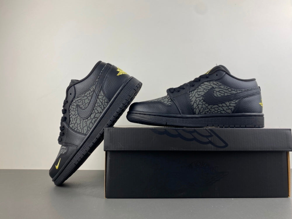 Low Top Sneakers, Black Yellow Gray Colorway, Cracked Pattern, Lace Up Design, Casual Gift for Sneaker Fans