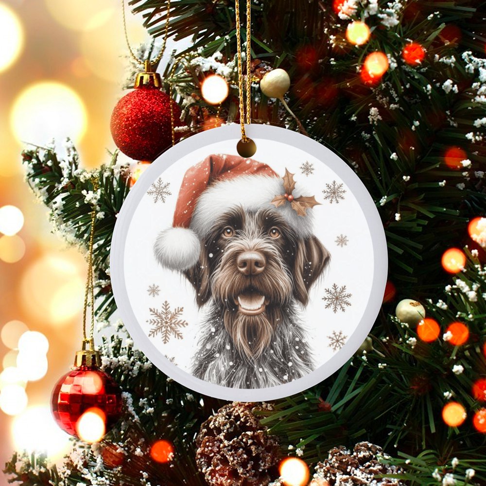 Santa Hat Dog Ceramic Ornament, German Wirehaired Pointer Christmas Ornament, Hunting Dog Holiday Tree Ornament, Pet Lover Xm