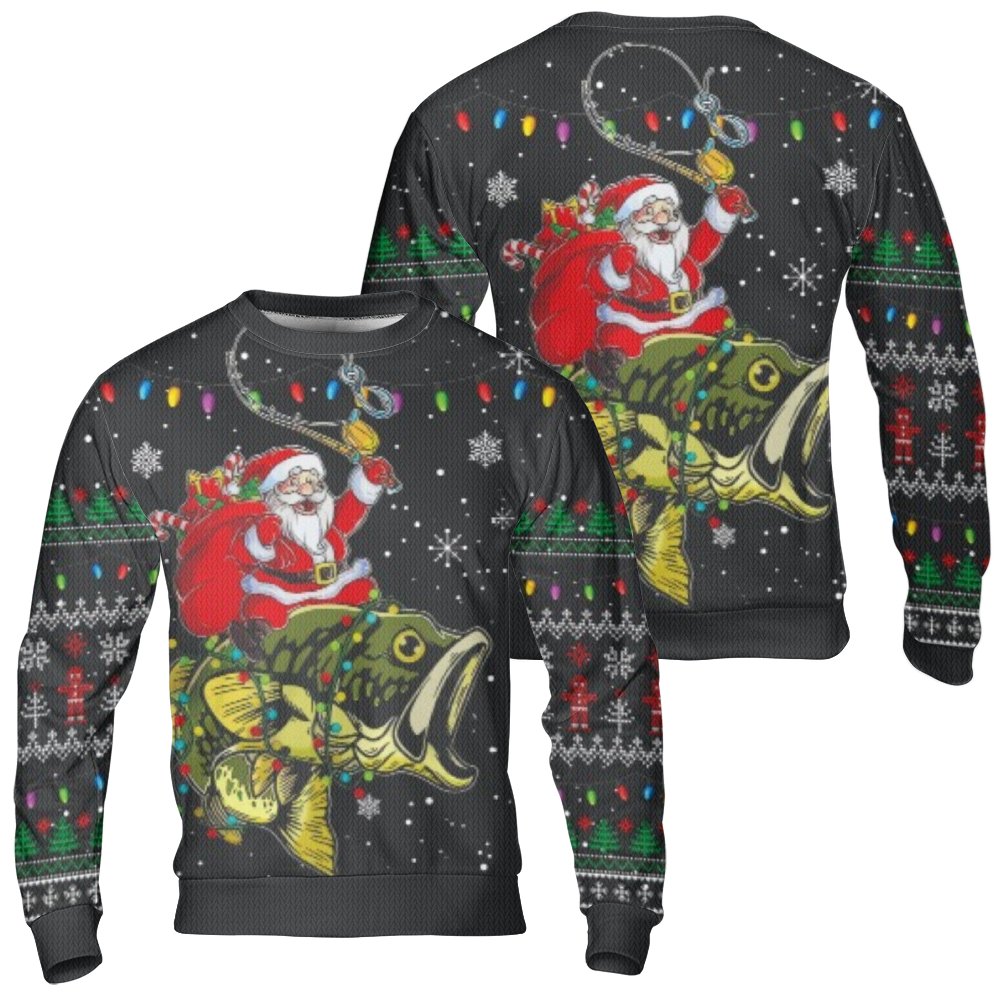 Bass Fisherman Holiday Sweater, Santa Claus Fishing Ugly Christmas Sweater, Humorous Angler Fish Ugly Sweater