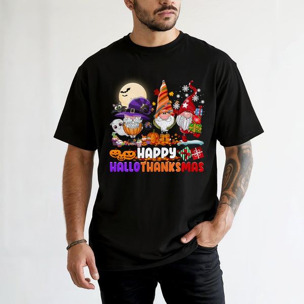 Adorable Halloween Thanksgiving Christmas Holiday Tee, Hallothanksmas Gnome T-Shirt, Festive Fall Winter Gnome Graphic Shirt,