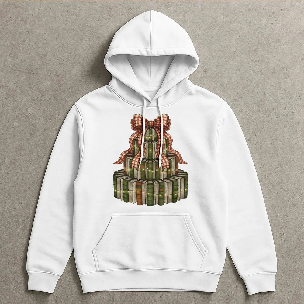 Festive Library Stack Hoodie, Christmas Book Tree Hoodie, Bookish Holiday Graphic Sweatshirt, Reader Teacher Pullover Hoodie 