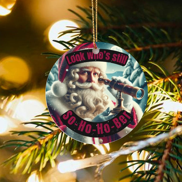 Telescope Santa Ornament, Humorous So-Ho-Ho-Ber Santa Christmas Ornament, Adult Humor Holiday Tree Ornament, Ceramic Keepsake