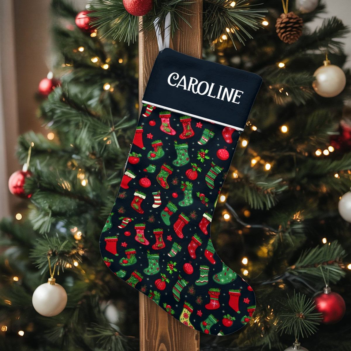 Custom Name Holiday Stocking, Personalized Red and Green Ornament Christmas Stocking, Festive Xmas Stocking, Family Holiday D