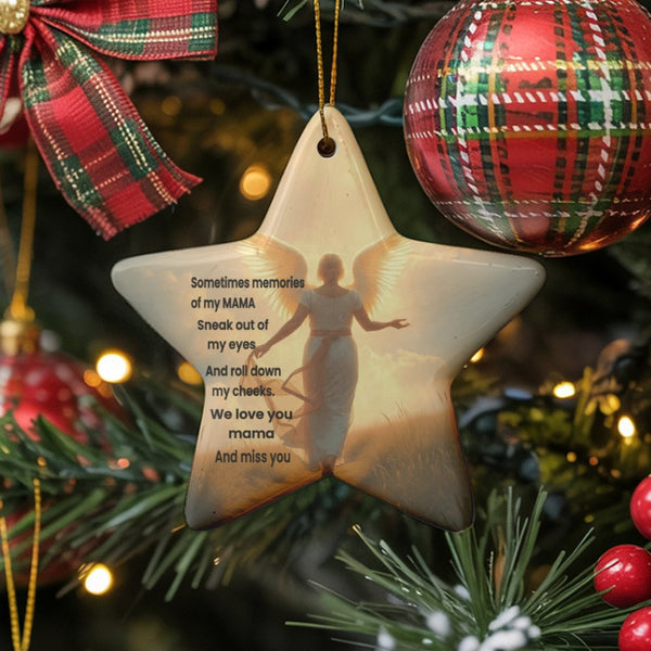Mom Remembrance Keepsake, Angel Wings Memorial Star Ornament, Sympathy Ceramic Star Ornament, Bereavement Present, Christmas 