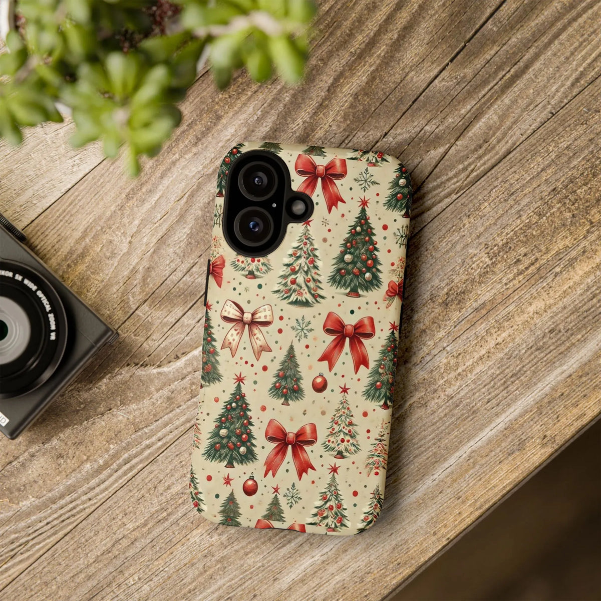 Vintage Red Bow Ornament Holiday Phone Case, Christmas Tree Phone Case for iPhone, Festive Winter Tough Phone Case, Christmas