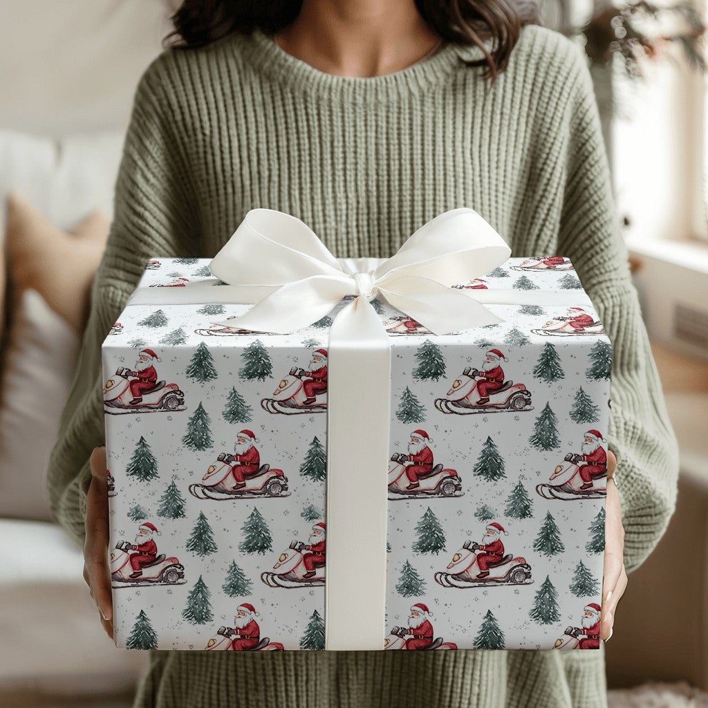 Santa Claus Snowmobile Gift Wrap, Santa Snowmobile Christmas Wrapping Paper, Winter Adventure Holiday Wrapping Paper, Xmas Gi