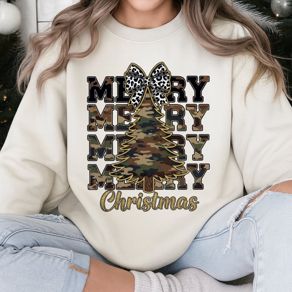 Rustic Leopard Bow Holiday Pullover, Merry Christmas Camo Tree Sweatshirt, Farmhouse Xmas Tree Crewneck, Adorable Winter Seas